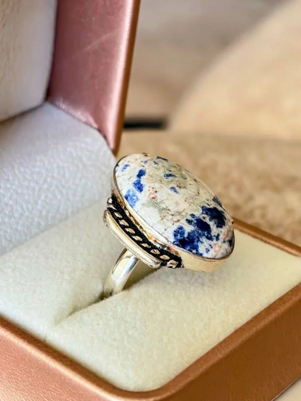 Blue and White Sodalite Oval Stone Statement Ring 925 Silver Plated - Size 8